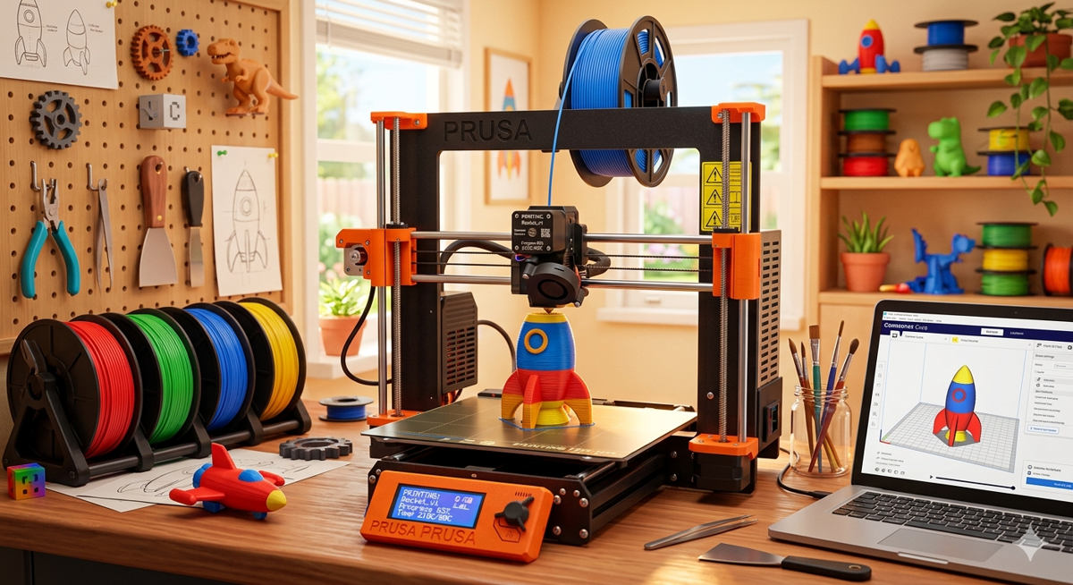 Kids learning 3D printing and carrying home a toy they printed
